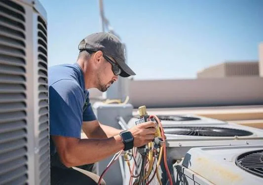 HVAC technician testing rooftop heat pump equipment