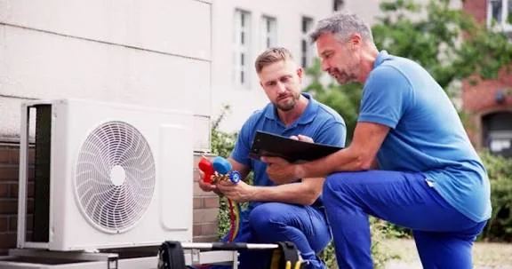 Two HVAC technicians reviewing equipment during a residential installation